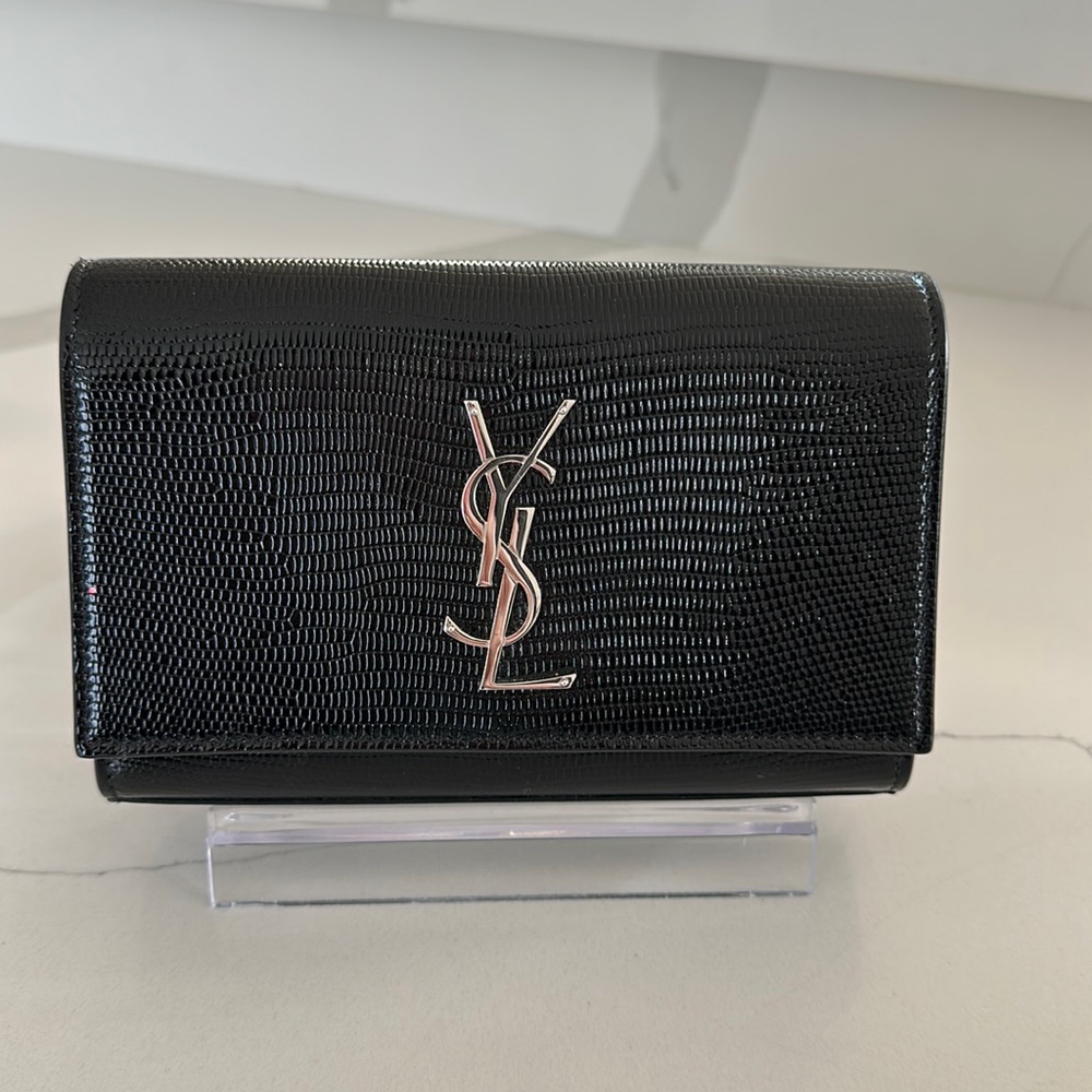 Yves Saint Laurent Black Lizard-Embossed Leather Wallet with Silver YSL Logo